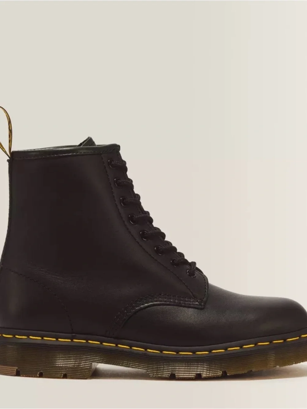 Dr. Martens Black Leather Lace-Up Combat Boots with Yellow Stitching
